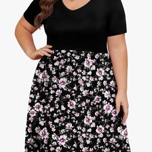 Women Plus Size V-Neck Dress Black and Pink Floral Dress